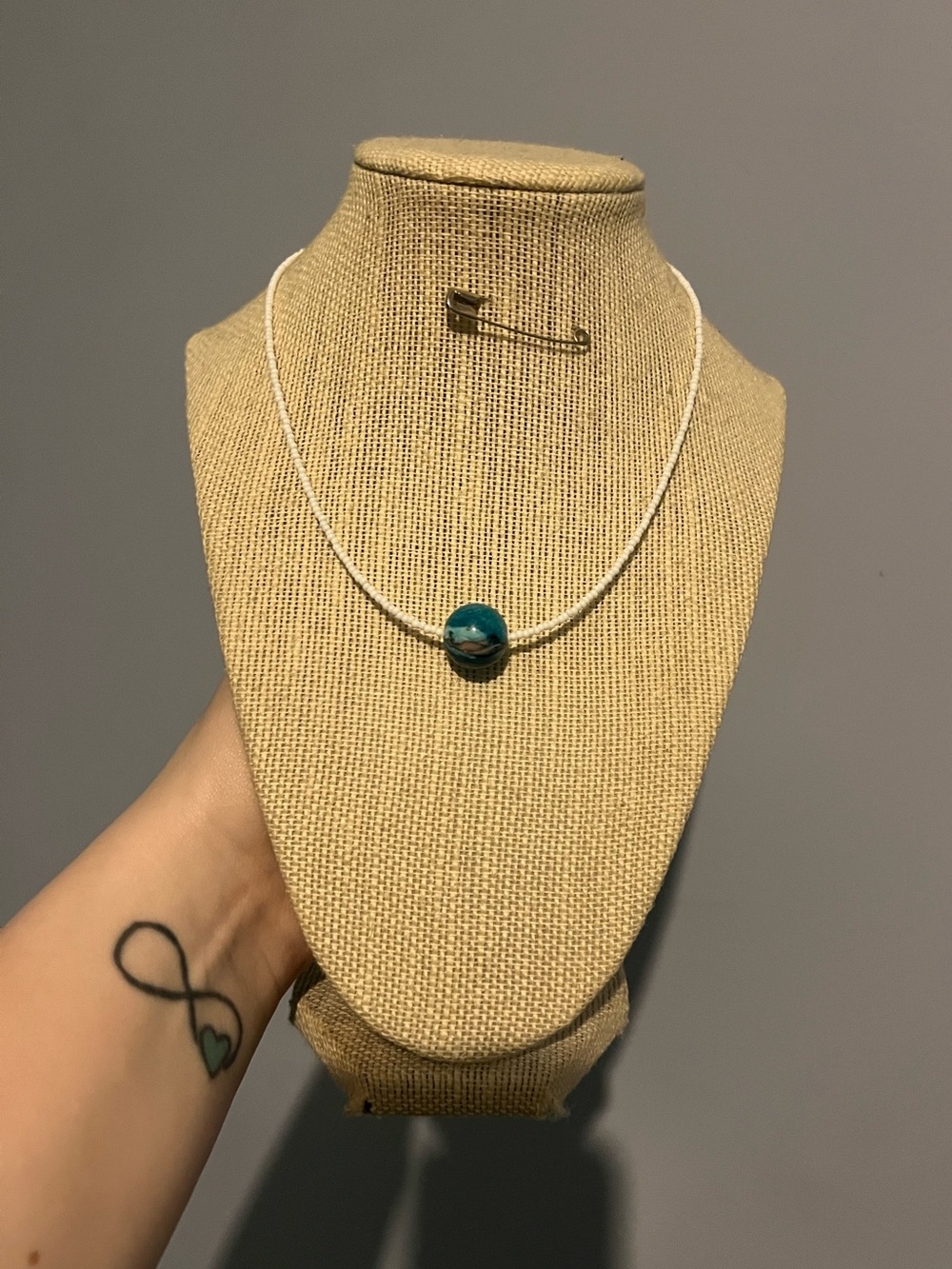 #114. Handmade White Seed Bead Choker Necklace with Blue Bead